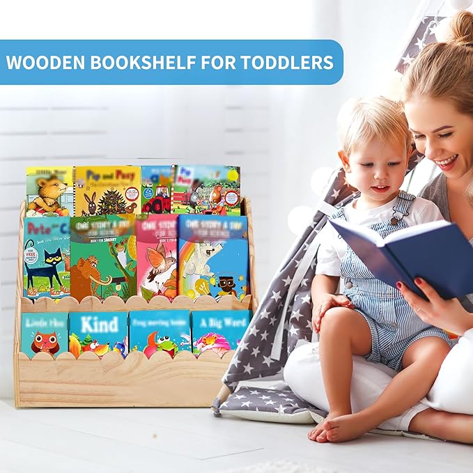 OCMML Kids Bookshelf-3-Tier Wooden Book Shelf for Kids Rooms,Nursery&Toddlers Montessori Bookcase with Deep Storage Pockets, Baby Book Storage,Children's Bookshelf for Nursery&Bedroom (Large)