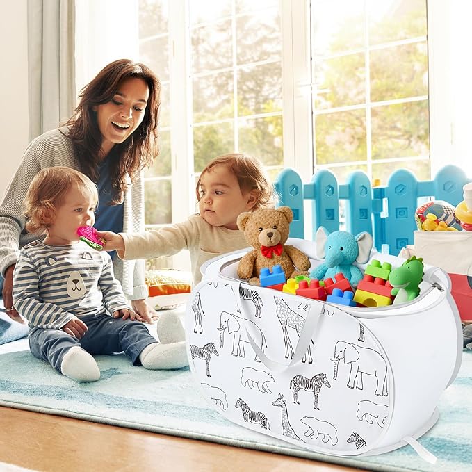 Collapsible Toy Box with Zipper Lid - Lightweight Stuffed Animal Storage Basket Organizer, Sturdy Foldable Toy Basket with Handles for Kids, Boys, Girls, Playroom, Bedroom - Animal Print, White