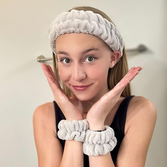 FROG SAC Spa Headband and Wristbands for Face Washing, Fuzzy Skincare Make Up Headbands Set for Women, Soft Puffy Makeup Skin Care Facewashing Hair Band Accessories for Girls (Gray)