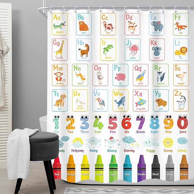 Alphabet ABC Kids Shower Curtain 60Wx72H Children Cartoon Cute Animal Colorful Educational Bathroom Curtain Set Number Learning Bath Curtain Fabric Baby Girls Boys Bathroom Decor with 12 Hooks