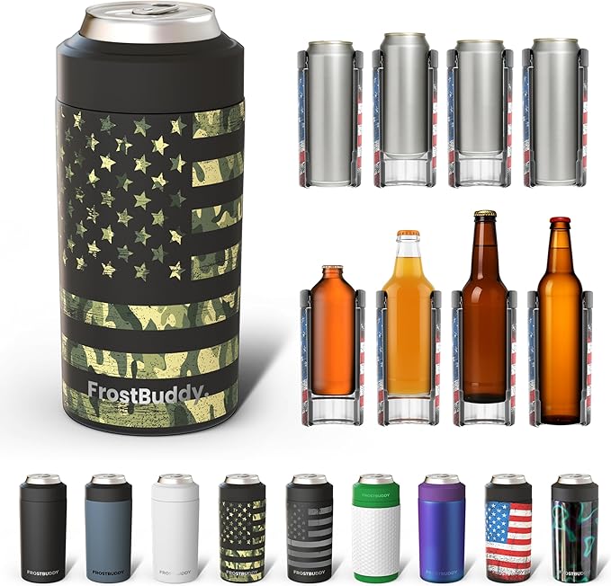 Frost Buddy Universal Can Cooler - Fits All - For Regular 12 & 16 oz or Slim-Size Bottles - Insulated Double-Walled Stainless Steel (Camoflag)
