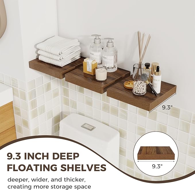 Fun Memories Square Floating Shelves for Wall, 9.3" W x 9.3" D x 1.4" H, Shelves for Wall with Invisible Brackets, Small Wood Storage Shelves for Kitchen, Living Room, Bedroom, Set of 3(Walnut)