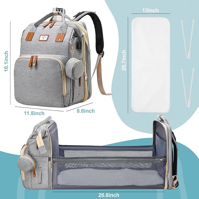 JSTPRO Diaper Bag Backpack, Large Waterproof Lightweight Diaper Bag with Changing Station, Insulated Pockets, USB Port & Stroller Straps, Travel Baby Bag for Mom and Dad, Baby Shower Gifts (Grey)