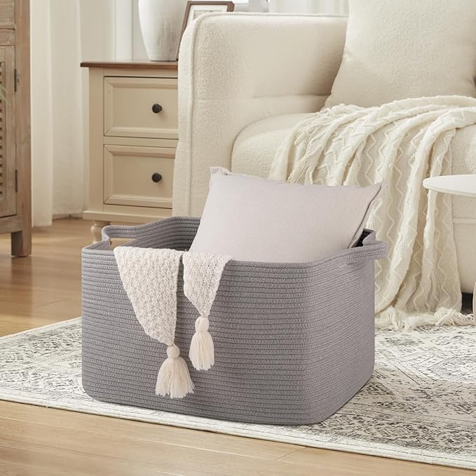 OIASKET Large Blanket Basket, Blanket Storage Living Room, Rectangle Woven Baskets for Storage Toys, Towels, Dirty Clothes Organizer Bins (Light Grey)
