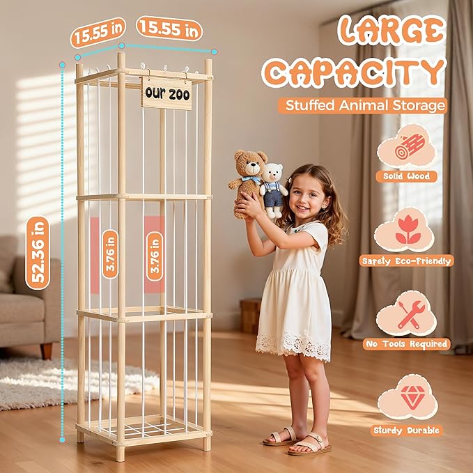 LAMU Stuffed Animal Storage, Wooden Zoo Stuffed Animal Holder with Elastic Cords, Space Save Toy Organizer, Extra Large Capacity Stuffed Animal Organizer for Playroom, Bedroom, Nursery