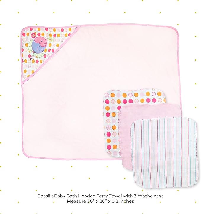Spasilk Baby Bath Hooded Terry Towel with 3 Washcloths, Baby Bath Essentials, One Size, Pink Fish (Pack of 2)