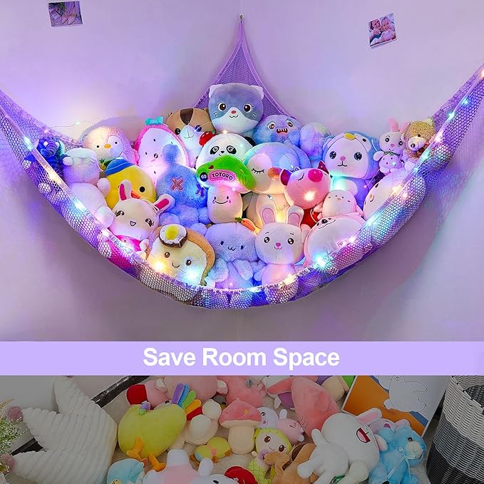 Unicorn Castle Stuffed Animals Net or Hammock Kids Toy Storage Organizer with LED Light Hanging Corner Stuffed Animals Holder Kids Girls Room Decor,Purple,Large (Pack of 1)