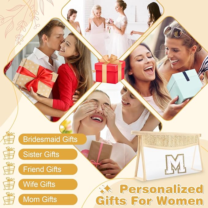 Personalized Initial Letter Bag Boho Straw Clear Makeup Bag,Small Cute Chenille Varsity Letter Bag With Zipper,Beach Travel Toiletry Bag,Portable Monogrammed Cosmetic Bag for Women Girls,M