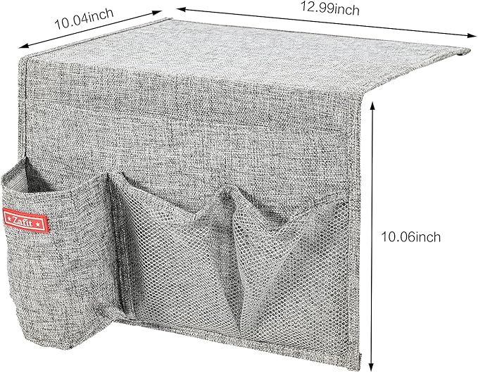 Linen 4 Pockets Bedside Caddy, Bedside Storage Organizer with Water Bottle Holde for Magazine, Remotes, Phone (Grey)