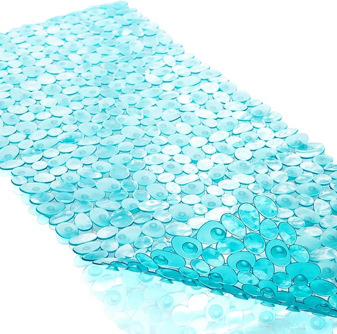Bath Tub and Shower Mats, Non-Slip Pebble 35 x 16 Inches Machine Washable Bathtub Mat with Drain Holes, Suction Cups for Bathroom (Clear Teal)