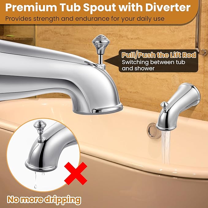 Dreyoo Tub Spout (Universal Fits 1/2" Copper Pipe, 1/2" IPS and 3/4" IPS), Bathroom Bathtub Faucet with Adapters and Hex Wrench(Chrome,Classic)