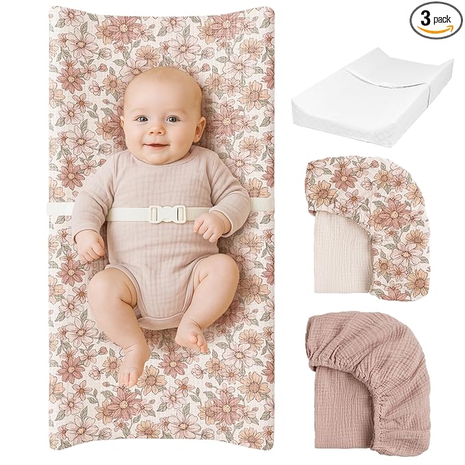 Konssy Muslin Changing Pad with Waterproof Lining Foam, Includes 2 Pack Soft & Cotton Cover, Baby Diaper Changing Pad for Dresser or Table, 32x16 inches (Vintage Petals, Taupe)