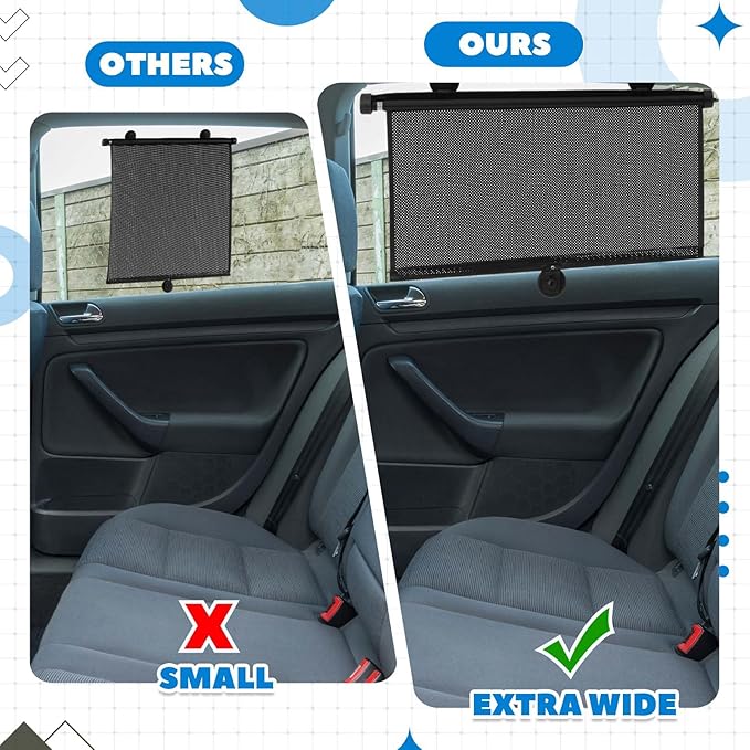 Blosssound 2 Pack Car Side Window Sun Shades Extra Wide Retractable Window Shades for Car Blocks Heat Roller Sunshade Visor for UV Rays Glare Protection Accessories (19.6 × 23.6 Inch)