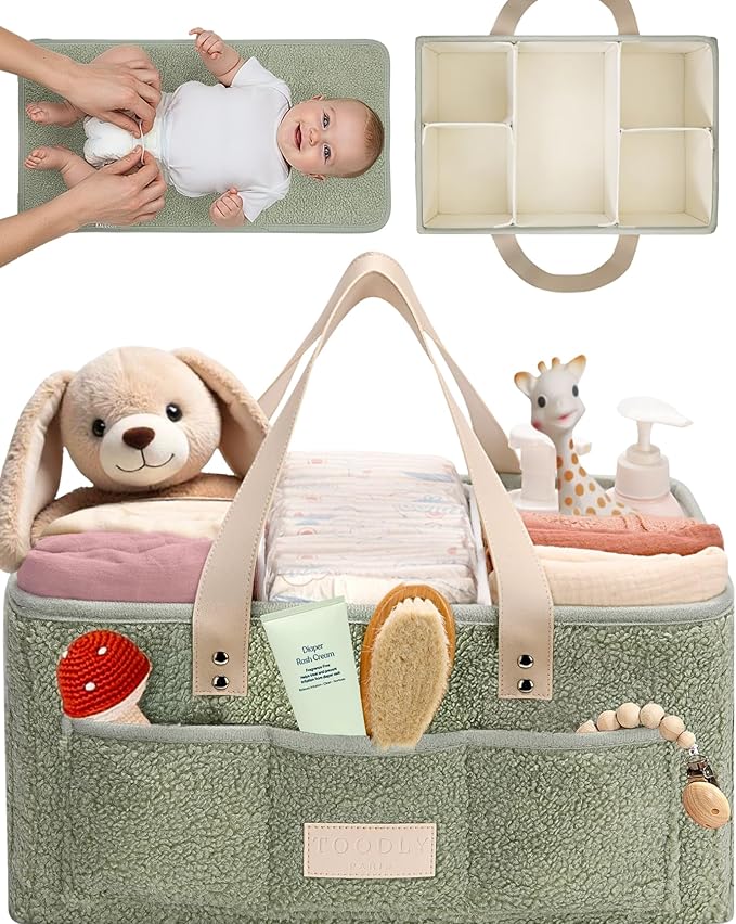 Toodly Baby Diaper Caddy Organizer with Portable Changing Mat - Teddy Fleece Diaper Organizer for Changing Table - Basket for Changing Essentials - Baby Essentials Organizer with Removable Dividers