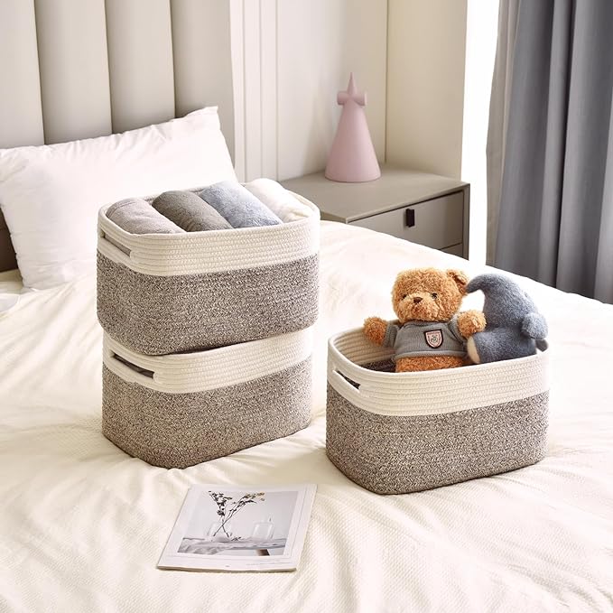 Issudata Storage Basket,Woven Baskets for Storage,Cotton Rope Baskets for Organizing,book Basket,towel,Toy Basket or Storage Bins for Living Room - 3 Pack,Brown
