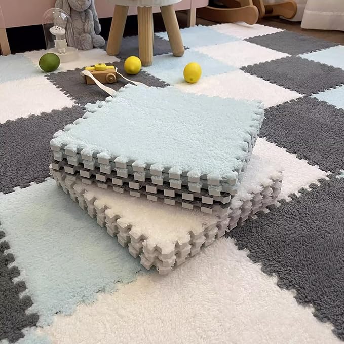 12pcs Plush Puzzle Foam Floor Mat, Cute Soft Fluffy Interlocking Square Foam Tiles Area Rugs Carpet for Parlor Bedroom Decoration(11.8x11.8x0.4in, Grey&White&Light Blue)