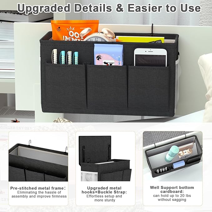 Edudif Dual-purpose Bedside Caddy Bedside Organizer, Bed Caddy with 6 Pockets, Versatile Bedside Storage Solution Magazine Remotes holder, ideal for Home, Dorm, Hospital, Crib Bed (Black)