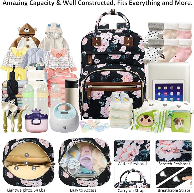 Diaper Bag Backpack Tote for Women Large Capacity with Insulated Pockets Multifunctional Diaper Bags For Baby Girl Boy Waterproof Baby Bags, Maternity Bag Black Pink Floral | Multifunctional, Diaper Bags, Waterproof, Baby Bags, Maternity Bag