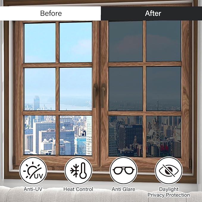 Finnez One Way Privacy Window Film Reflective Mirror Home Window Tint Film Heat Blocking No Glue Static Cling See Out Not in Glass Door Covering (Black Silver,35.4 Inch X 13.1 Feet)