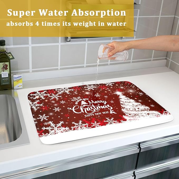 Happy New Year Red Dish Drying Mat for Kitchen Counter,Merry Christmas Tree Snowflake Drying Mat 18 x 24 Inch with High Absorbent Reversible Microfiber Dish Drying Pad Drainer Mat for Coffee Bar