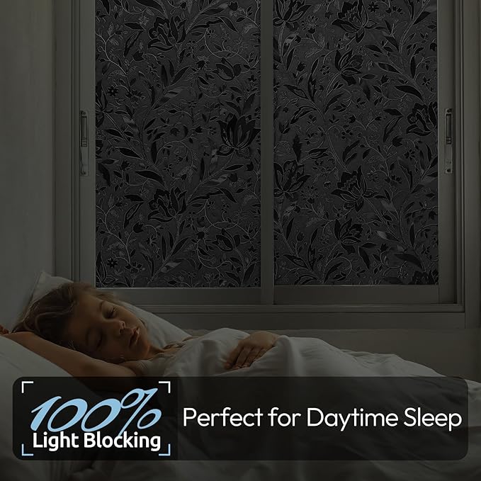rabbitgoo Total Blackout Window Film Sun Blocking, Black Privacy Window Film Light Blocker, Stained Glass Thermal Cling Heat Control, Room Darkening Glass Sticker for Door Covering, 35.4" x 157.4"