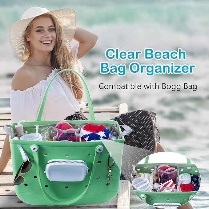 AMOIGEE Clear Beach Bag Organizer Insert with 3pcs Accessories for XL Bogg Bag Inserts - Tote Bag Divider with Sunglasses Holder, Phone Holder and Clips Hooks - Beach Tote Insert Organizer Liner