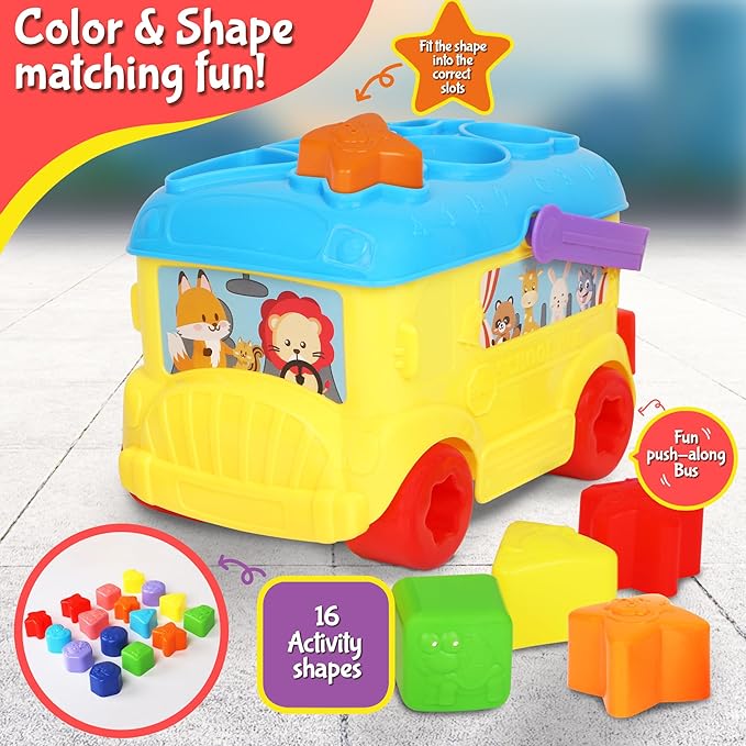 Playkidiz Bus Shape Sorter Toy - Kids Block Sorter with 16 Colorful Shapes - Sorting Toys for Toddlers 1-3 - Creative Play Learning Skills Development