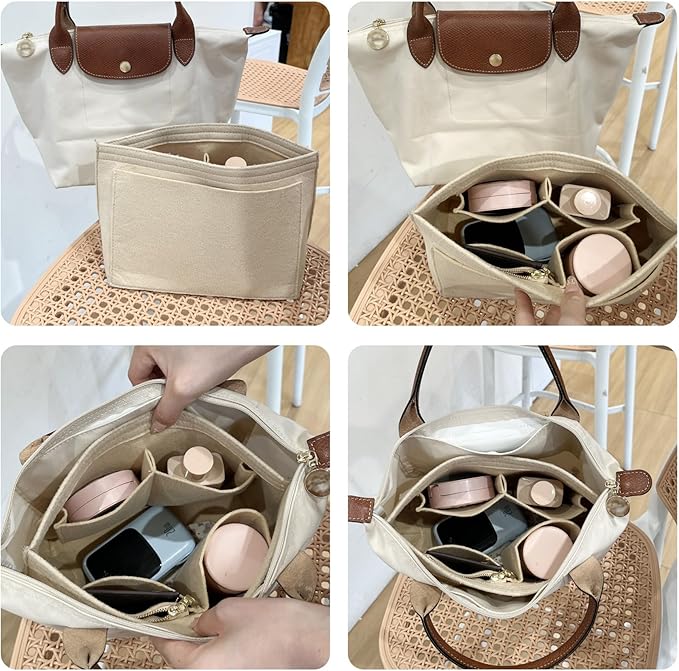 Felt Purse Organizer Insert Compatible with Longchamp Le Plaige M Tote Bag(Long Handle), Zipper Long Champ Medium Organizer with Cup Holder for Tote Handbags, 8 Compartments (Gold Brown,M)
