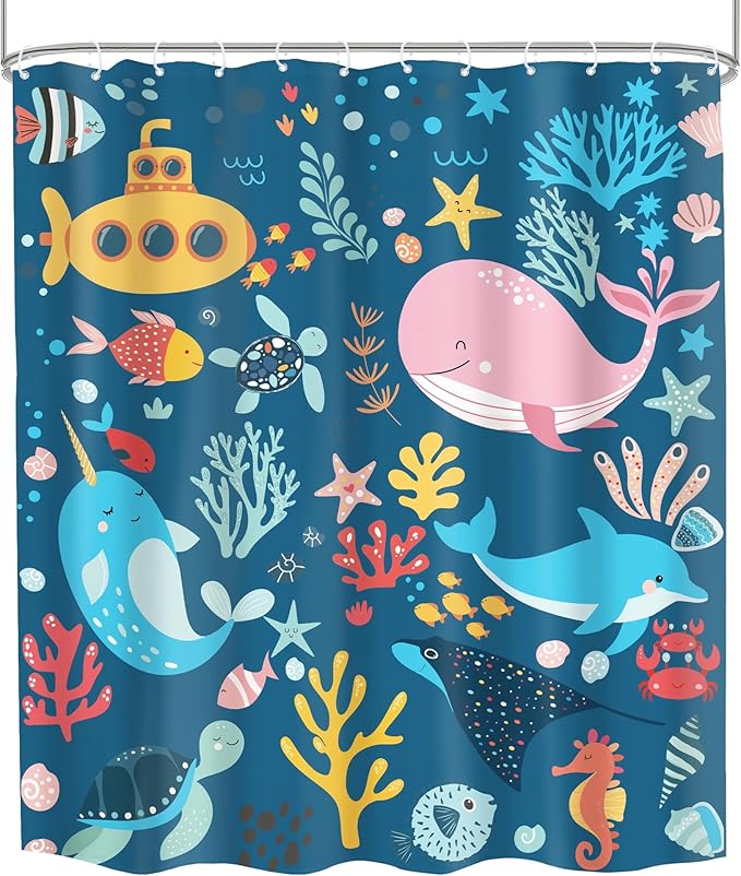Navy Blue Kids Shower Curtain 60Wx72H Kid Ocean Summer Cartoon Whale Cute Funny Fish Sea Animal Underwater Submarine Coastal Bathroom Decor Boy Girl Bath Curtain Polyester 12 Pack Hooks