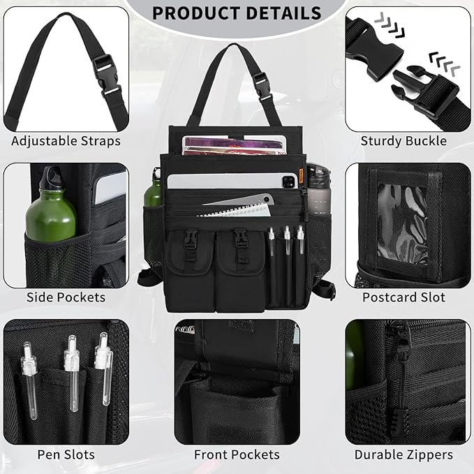 FREEAMG Car Front Seat Organizer Backseat Organizer with Dedicated Tablet Laptop Storage Adjustable Shoulder Strap Cup Holder Truck Seat Storage Universal fits for Most of Car