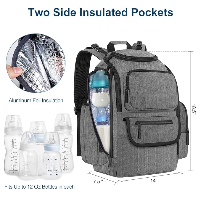 Mancro Diaper Bag Backpack, Baby Diaper Bag with 2 Side Insulated Pockets, Travel Diaper Backpack for Men Women with Stroller Straps, Large Capacity and Waterproof, Grey