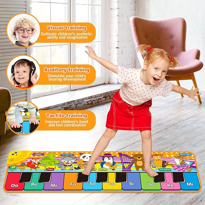 Kids Musical Piano Mats with 25 Music Sounds, Musical Toys Baby Floor Piano Keyboard Mat Carpet Animal Blanket Touch Playmat Early Education Toys for 1 2 3 4 5 6+ Years Old Girls Boys Toddlers