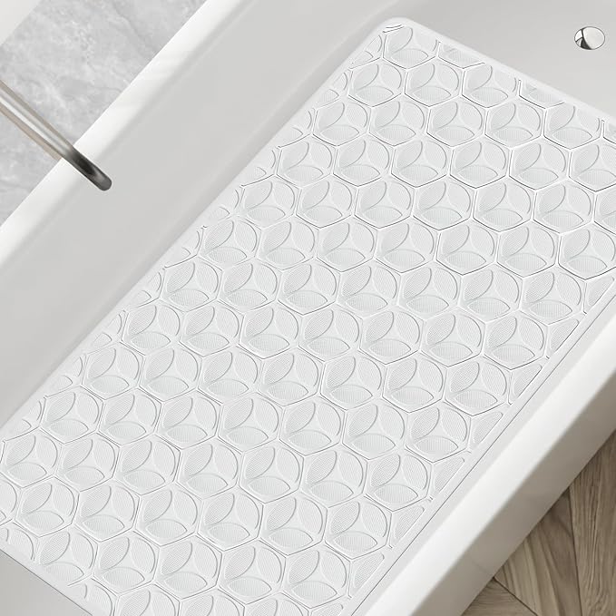 Bathtub Mat Non Slip with Suction Cups - 100% Rubber Bathroom Mat Textured for Bath Tub Shower Safety - Soft on Touch - BPA/PVC Free - Pet Dog Bath Mat - Machine Washable - 17 × 35 Inch（White）