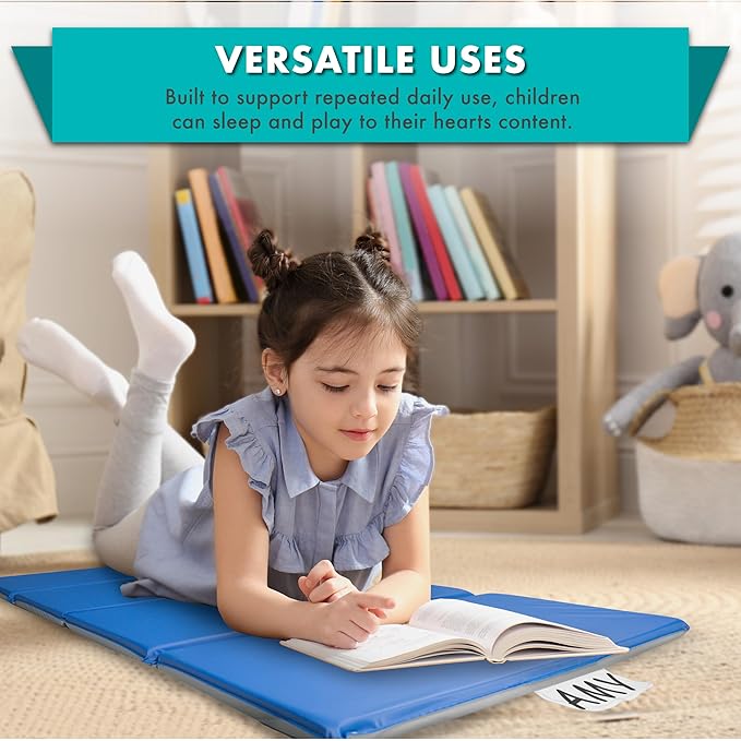 ProSource Four-Fold Kids Rest Mat, 1-inch Thick Sleeping Mats for Kids, Foam Foldable Cushion for Child Comfort, 45-in - Blue/Grey