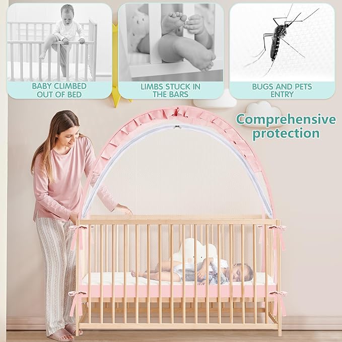Crib Tent - Crib Net to Keep Baby in, Stop Baby from Climbing Out of Crib, Pop Up Crib Tent with Durable Breathable Net Double Zipper Strong Rods Installation Convenience