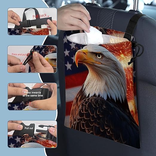 Vintage Bald Eagle Car Trash Bag,American Flag Strap Drawstring Car Garbage Bags,Car Back Seat Organizer with Adjustable Buckle for Car Accessories