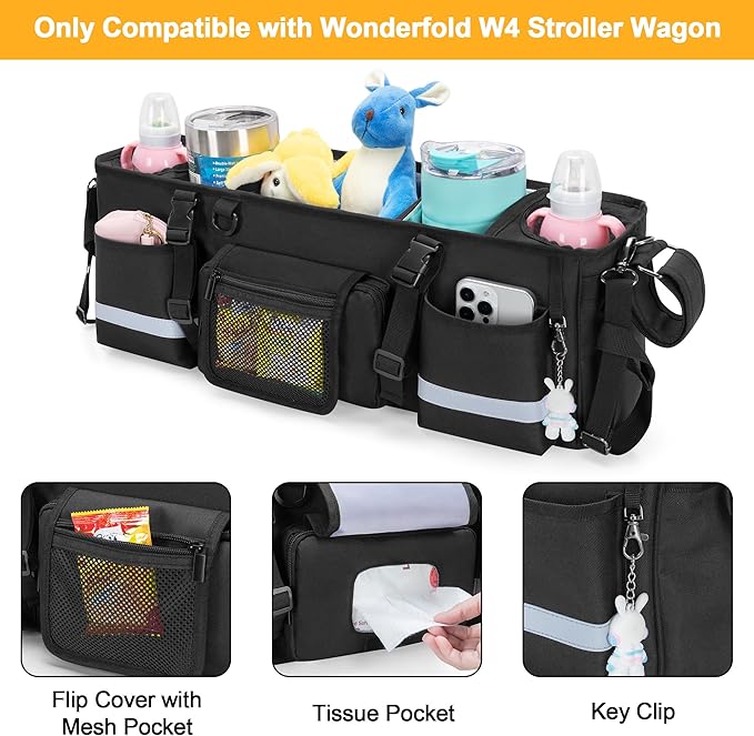 Parent Console Stroller Organizer Compatible with WONDERFOLD W4, with Four Insulated Cup Holders, a Removable Cooler Bag, Special Board Design Make It Not Easy Collapse and Tilting, Black