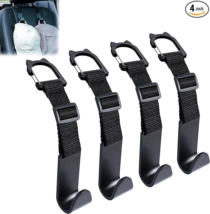 Amooca Car Headrest Hooks 4 Pack Adjustable Universal Fit Auto Seat Back Organizer Storage Hanger Purse Bags Holder with Clip Black