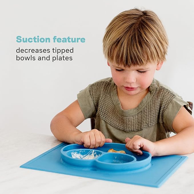 ezpz Happy Mat (Gray) - 24 Months+ - 100% Silicone Suction Placemat + Divided Plate with Three Compartments - Toddler + Preschool Essentials