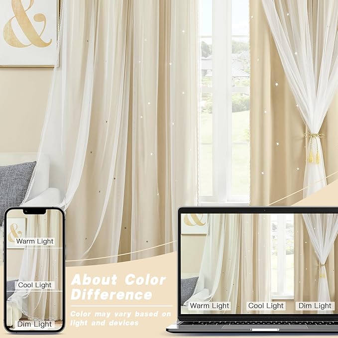 XiDi Beige Blackout Curtains for Bedroom 72 Inchs Long Room Darkening Double Layer Curtains Star Cut Out Design Grommet Drapes with Tiebacks for Girls Kids Living Room, 52 x 72 Inches, Set of 2