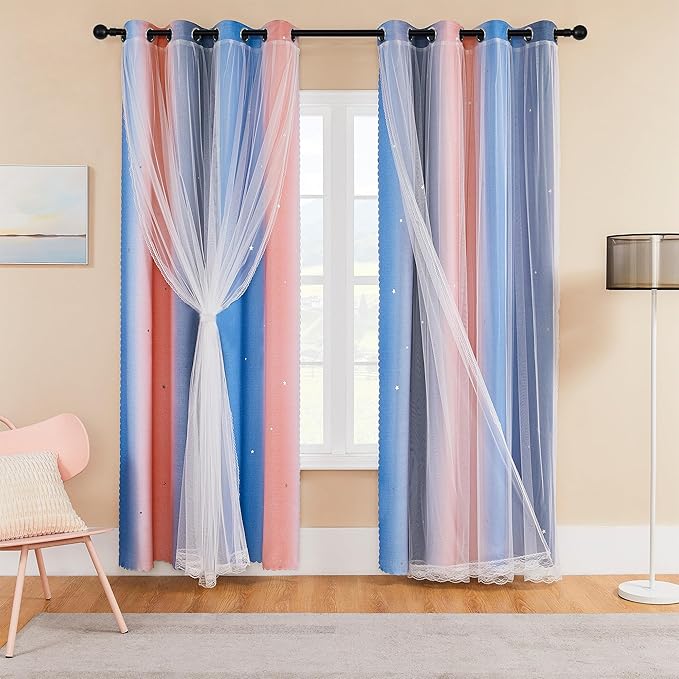 XiDi Rainbow Blackout Curtains 96 Inches Long for Girls Bedroom 2 Panels Set, Kids Pink Curtains for Room Decor Unicorn Wall Decals Drapes for Little Girl Nursery Pink/Grey/Blue 34 Inches Wide