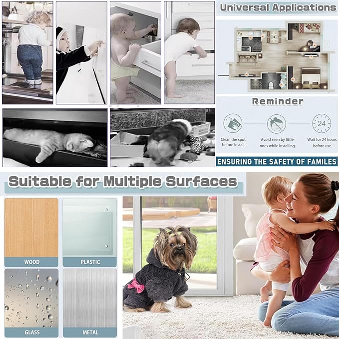 6 Pack Adhesive Straps Locks Baby Proofing for Drawers Fridge Dishwasher Toilet Seat Cupboard Oven Freezer Trash Can, Cabinet Latches Adjustable for Toddlers Cats Dogs, No Drill, Transparent