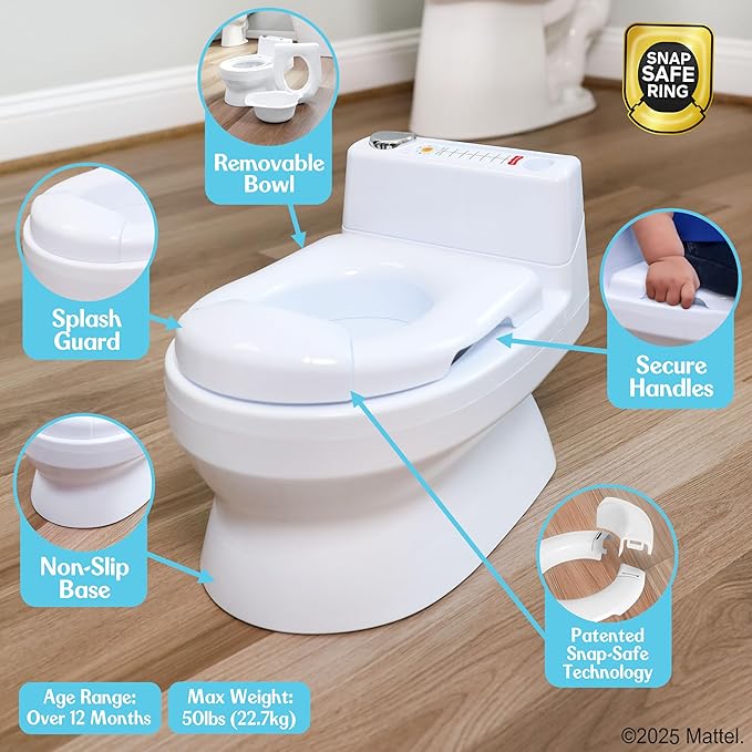 Fisher-Price™ 2-N-1 Potty Trainer with Flushing Sounds, Chart & Storage – White Floor Potty Chair with Splash Guard, Removable Ring & Bowl, Patented Snap Safe Ring Technology