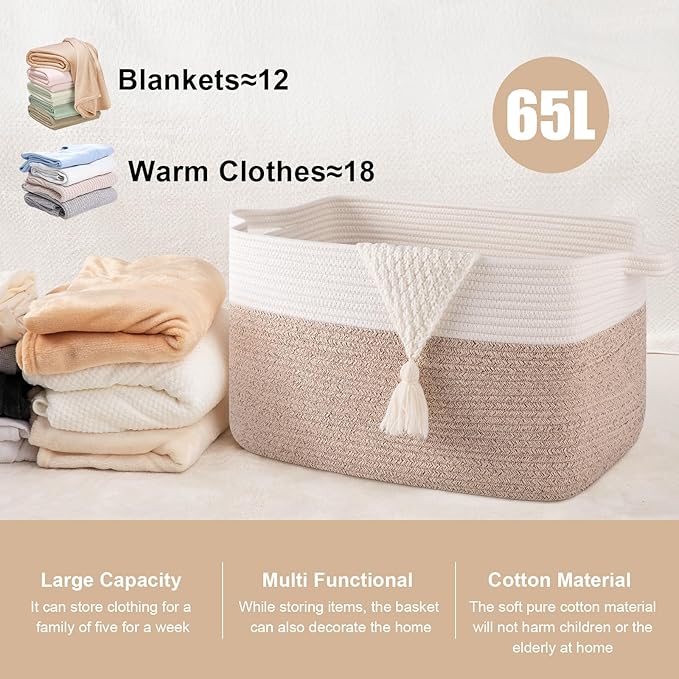 SIXDOVE 65L Large Storage Basket, Cotton Rope Woven Blanket Basket, Toy Storage for Baby Room, Living Room, Brown & White