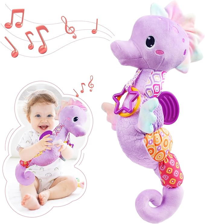 AWOTOY Baby Toys 0-6-12 Months,Musical Stuffed Animals Activity Soft Infant Toys with Multi-Sensory Crinkle, Rattle and Textures,Boys Newborn Baby Girl Toys, Seahorse, Purple
