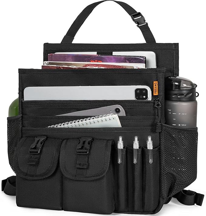 FREEAMG Car Front Seat Organizer Backseat Organizer with Dedicated Tablet Laptop Storage Adjustable Shoulder Strap Cup Holder Truck Seat Storage Universal fits for Most of Car