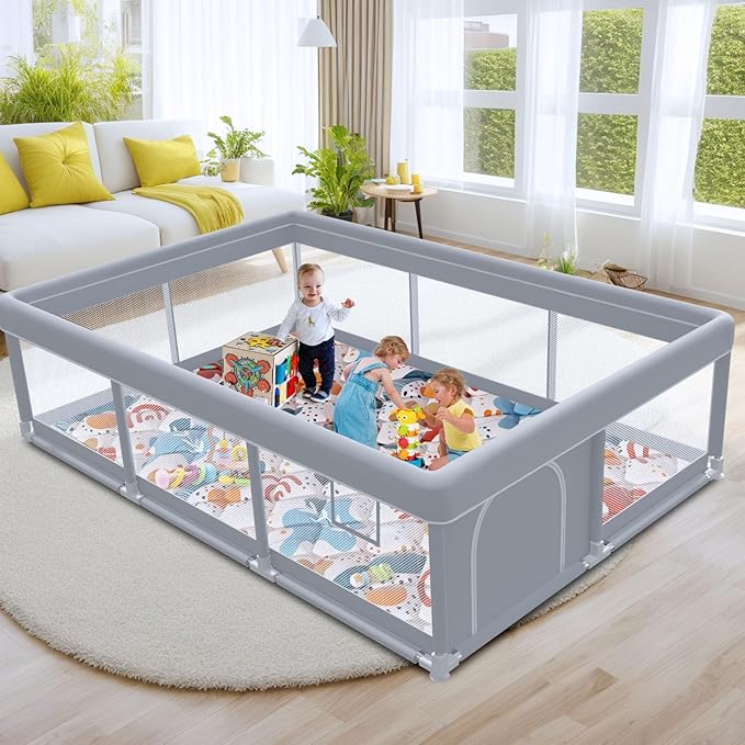 besuhot Baby Playpen 74"x50" with Mat Play Pens for Babies and Toddlers, Large Play Yards for Indoor & Outdoor with Zipper Gates