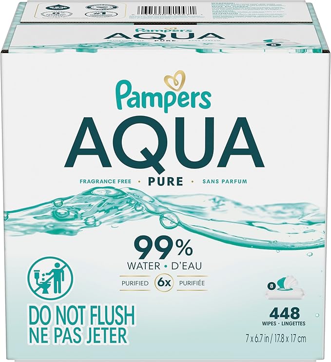 Pampers Aqua Pure Baby Wipes, 99% Water, Fragrance Free, Unscented, Water Based, Multi-Use, 448 Wipes Total (8X Flip-Top Packs) [Packaging May Vary]