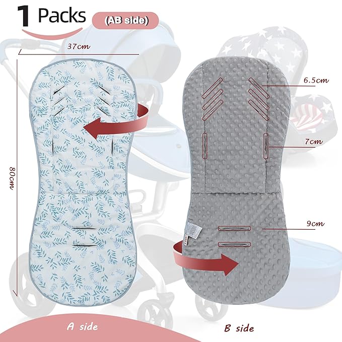 Baby Stroller Cushion,Soft Minky Dotted and Printed Stroller Seat Liner-Reversible Universal Breathable and Soft Newborn Stroller Pad, Cotton Infant Car Seat Insert-82x37cm,1 Pack(Blue Leaves)