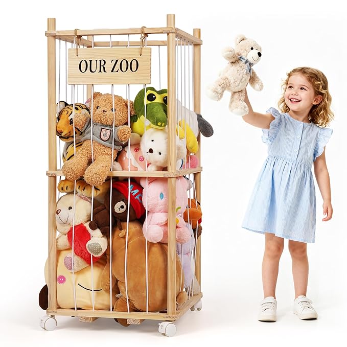 Edudif Stuffed Animal Storage Zoo, Wooden Stuffed Animal Organizer with Removable Wheels & 5-Row Elastic Cords, Space-Saving Plush Toy Storage Holder for Playroom, Bedroom, Nursery